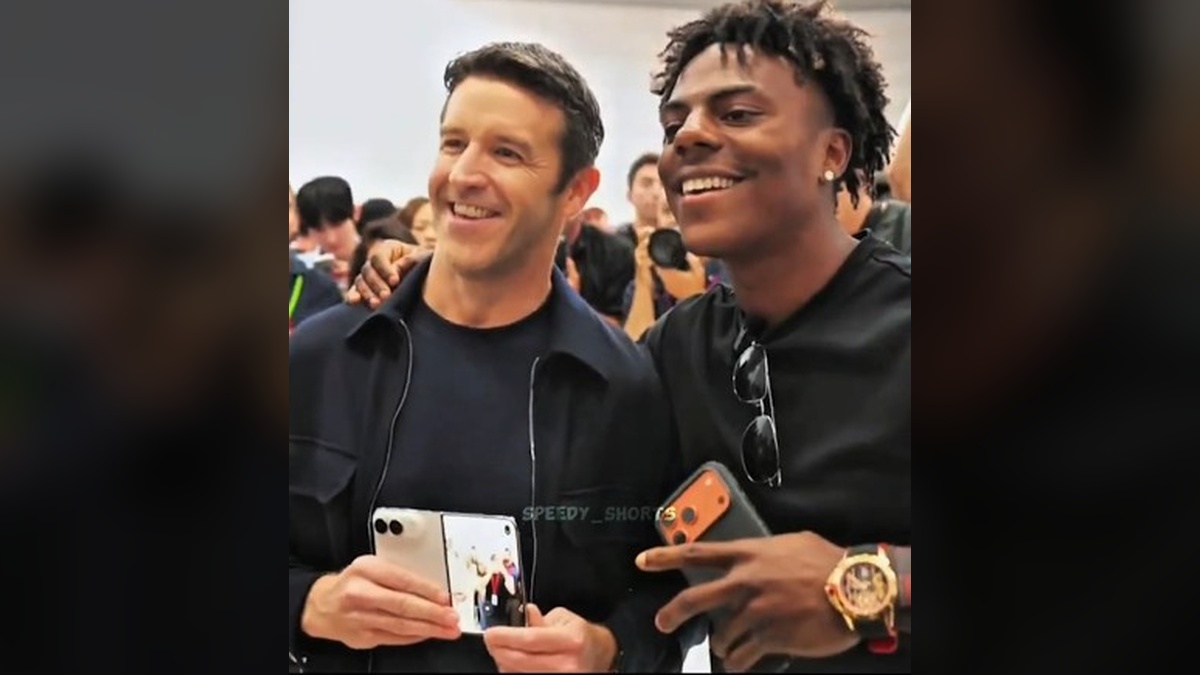 Apple CEO John Ternus demonstrates the dual-screen iPhone Duo to streamer IShowSpeed at Apple Park